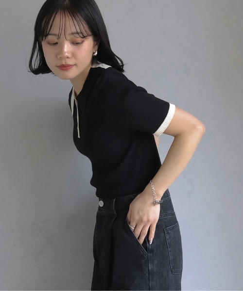 cheriella（シェリエラ）の「【cheriella】配色ポロリブニット半袖 CONTRAST POLO RIB SHORT KNIT（ニット/セーター・レディース・チャコール/ブルー/アイボリー/ブラック・M）」の17枚目の写真