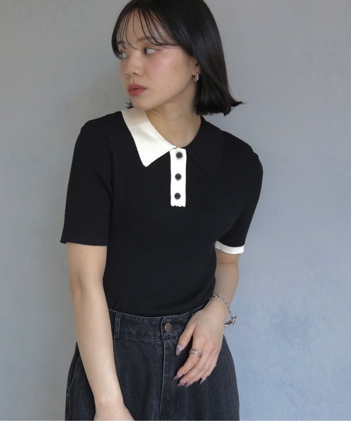 cheriella（シェリエラ）の「【cheriella】配色ポロリブニット半袖 CONTRAST POLO RIB SHORT KNIT（ニット/セーター・レディース・チャコール/ブルー/アイボリー/ブラック・M）」の18枚目の写真