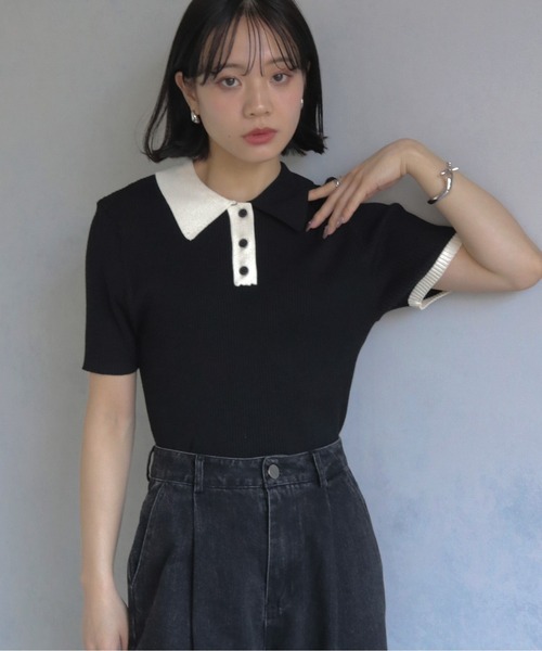 cheriella（シェリエラ）の「【cheriella】配色ポロリブニット半袖 CONTRAST POLO RIB SHORT KNIT（ニット/セーター・レディース・チャコール/ブルー/アイボリー/ブラック・M）」の19枚目の写真