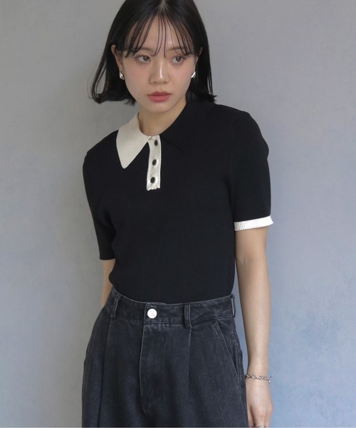 cheriella（シェリエラ）の「【cheriella】配色ポロリブニット半袖 CONTRAST POLO RIB SHORT KNIT（ニット/セーター・レディース・チャコール/ブルー/アイボリー/ブラック・M）」の20枚目の写真