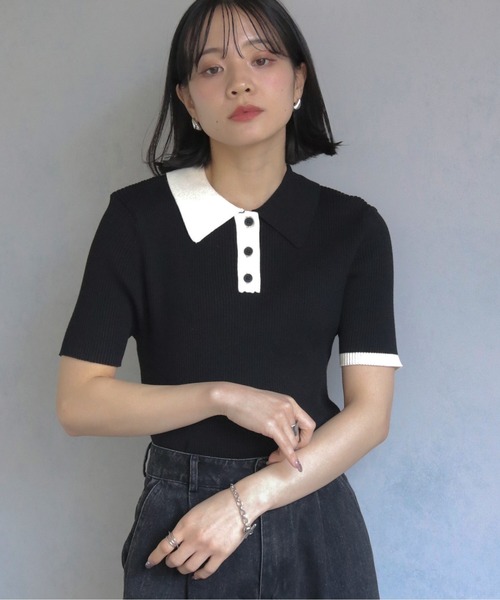 cheriella（シェリエラ）の「【cheriella】配色ポロリブニット半袖 CONTRAST POLO RIB SHORT KNIT（ニット/セーター・レディース・チャコール/ブルー/アイボリー/ブラック・M）」の21枚目の写真