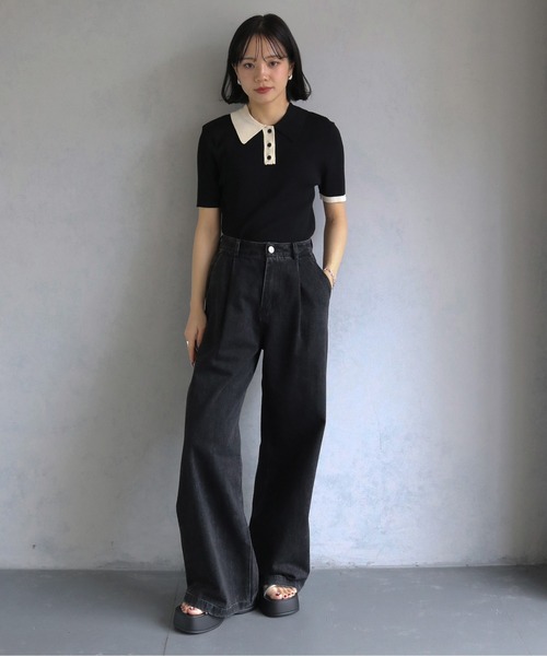 cheriella（シェリエラ）の「【cheriella】配色ポロリブニット半袖 CONTRAST POLO RIB SHORT KNIT（ニット/セーター・レディース・チャコール/ブルー/アイボリー/ブラック・M）」の22枚目の写真