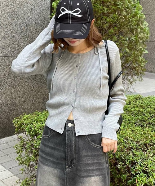 clear（クリア）の「肩リボンニットカーディガン[オフィスカジュアル 着回し抜群 大人]≪再入荷≫（カーディガン/ボレロ・レディース・アイボリー/ブラック/イエロー/グレー・F）」の4枚目の写真