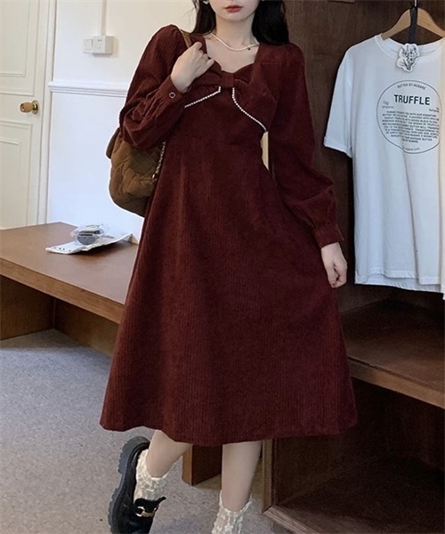 FREE STYLISTS(フリー スタイリスト)の「パールリボンフレアワンピース(ワンピース・レディース・ブラック/ボルドー・L/M/XL)」の14枚目の写真