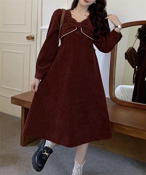 FREE STYLISTS(フリー スタイリスト)の「パールリボンフレアワンピース(ワンピース・レディース・ブラック/ボルドー・L/M/XL)」の16枚目の写真