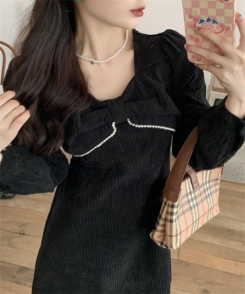 FREE STYLISTS(フリー スタイリスト)の「パールリボンフレアワンピース(ワンピース・レディース・ブラック/ボルドー・L/M/XL)」の12枚目の写真