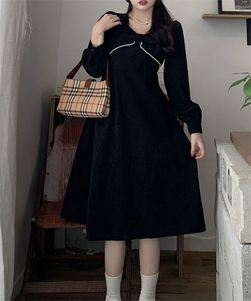 FREE STYLISTS(フリー スタイリスト)の「パールリボンフレアワンピース(ワンピース・レディース・ブラック/ボルドー・L/M/XL)」の5枚目の写真