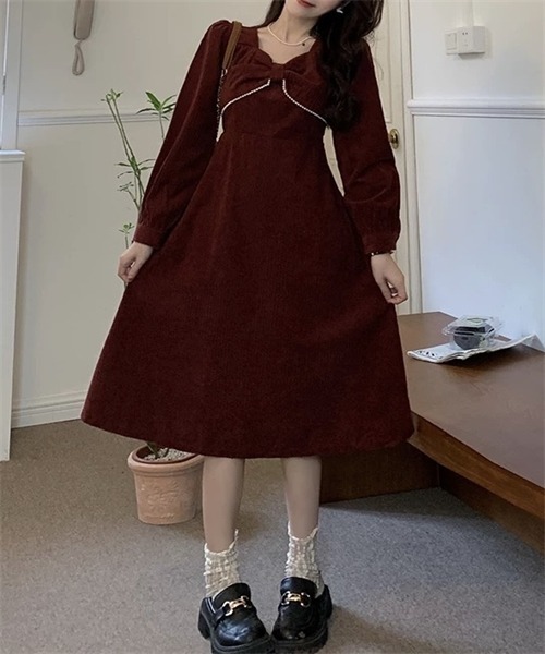 FREE STYLISTS(フリー スタイリスト)の「パールリボンフレアワンピース(ワンピース・レディース・ブラック/ボルドー・L/M/XL)」の13枚目の写真