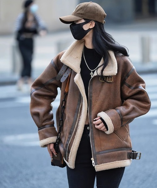 襟付き羊羔毛＆スエード風 リバーシブル ショートジャケット - ルーズフィット