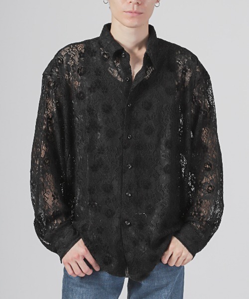 LUXSTYLE(ラグスタイル)の「フラワーレース編み長袖シアーシャツ(シャツ/ブラウス・メンズ・ホワイト/グレー/ブルー/ブラック・FREE)」の5枚目の写真
