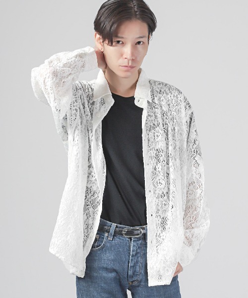 LUXSTYLE(ラグスタイル)の「フラワーレース編み長袖シアーシャツ(シャツ/ブラウス・メンズ・ホワイト/グレー/ブルー/ブラック・FREE)」の10枚目の写真