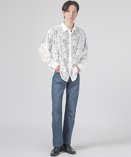 LUXSTYLE(ラグスタイル)の「フラワーレース編み長袖シアーシャツ(シャツ/ブラウス・メンズ・ホワイト/グレー/ブルー/ブラック・FREE)」の11枚目の写真
