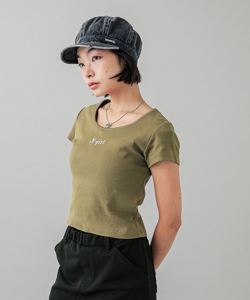 X-girl（エックスガール）の「WING S/S BABY TEE（Tシャツ/カットソー・レディース・オリーブ/ブラック/ホワイト・S/M）」の6枚目の写真