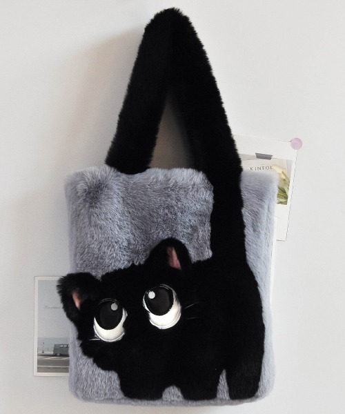 Miniministore（ミニミニストア）の「ファートートバッグ ふわふわ 猫柄鞄秋冬（トートバッグ・レディース・グリーン/サーモンピンク/アイボリー系1/アイボリー系2/スモークピンク/グレー/ブラウン・FREE）」の2枚目の写真