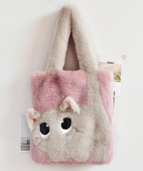 Miniministore（ミニミニストア）の「ファートートバッグ ふわふわ 猫柄鞄秋冬（トートバッグ・レディース・グリーン/サーモンピンク/アイボリー系1/アイボリー系2/スモークピンク/グレー/ブラウン・FREE）」の7枚目の写真