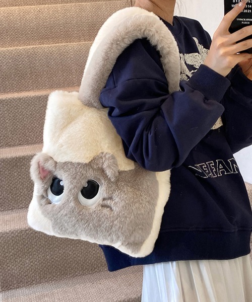 Miniministore（ミニミニストア）の「ファートートバッグ ふわふわ 猫柄鞄秋冬（トートバッグ・レディース・グリーン/サーモンピンク/アイボリー系1/アイボリー系2/スモークピンク/グレー/ブラウン・FREE）」の9枚目の写真