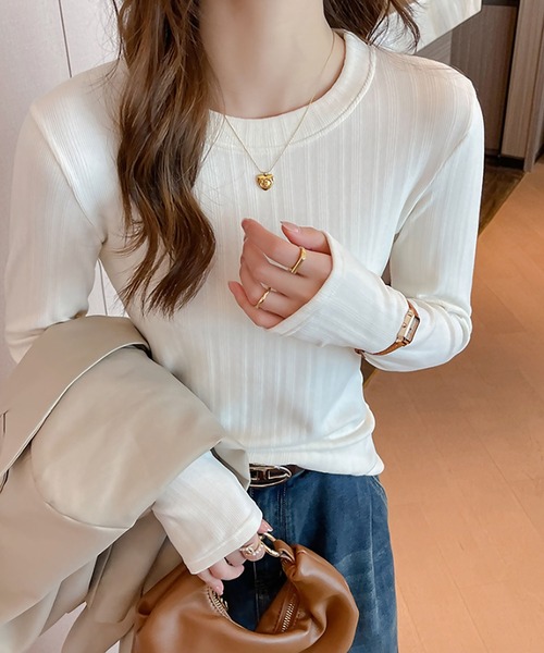 blackdia ocean(ブラックダイヤオーシャン)の「blackdia ocean クルーネックリブカットソー(Tシャツ/カットソー・レディース・ブルー/ベージュ/グレイッシュベージュ/ブラック/ホワイト/ブラウン/グレー・SMALL/LARGE/MEDIUM)」の2枚目の写真