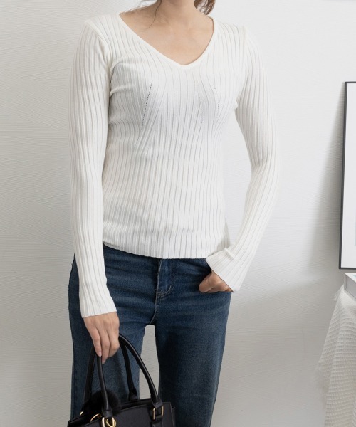 Miniministore(ミニミニストア)の「ニットトップス Vネックセーター 春秋冬(ニット/セーター・レディース・ライトベージュ/ホワイト・FREE)」の9枚目の写真