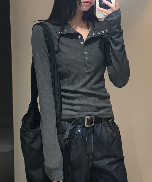 lilful(リルフル)の「カットリブ 襟ヘンリーネック シンプルロンT(Tシャツ/カットソー・レディース・チャコール/アイボリー・M/L)」の20枚目の写真