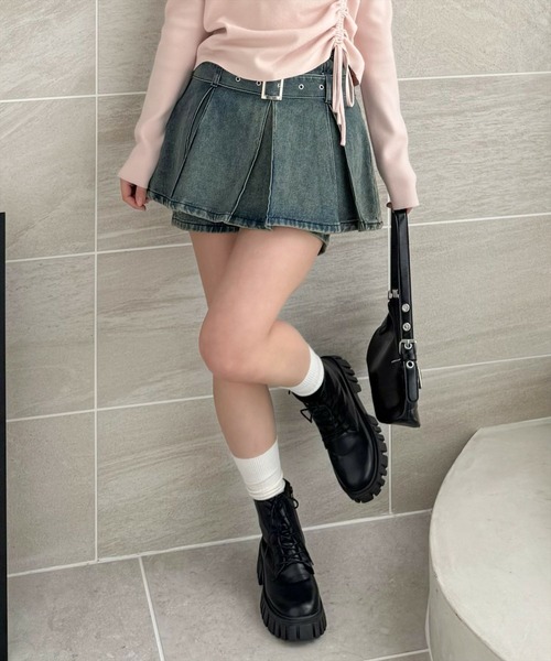 日本未入荷 CHUU★フリンジデニムレイヤードミニスカート 2サイズ展開】裾フリンジタイトフレアデニムスカート（スカート