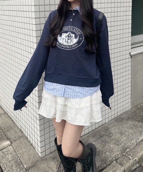 nemne store(ネンネストア)の「シャツドッキングスウェット(スウェット・レディース・杢グレー/ネイビー・MEDIUM/SMALL)」の2枚目の写真