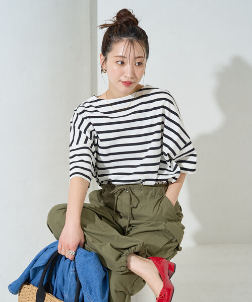 FREAK'S STORE(フリークスストア)の「限定展開 ボートネックバスクボーダー半袖Tシャツ(Tシャツ/カットソー・レディース・ベージュ/ブルー/グリーン/レッド/オフホワイト/その他3/その他1/イエロー/オレンジ/ネイビー・フリ-)」の1枚目の写真