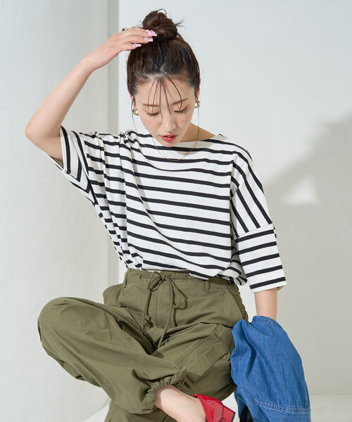 FREAK'S STORE(フリークスストア)の「限定展開 ボートネックバスクボーダー半袖Tシャツ(Tシャツ/カットソー・レディース・ベージュ/ブルー/グリーン/レッド/オフホワイト/その他3/その他1/イエロー/オレンジ/ネイビー・フリ-)」の12枚目の写真