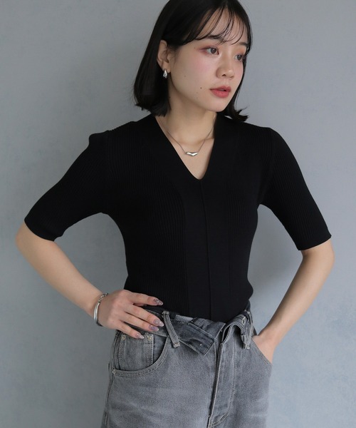 cheriella(シェリエラ)の「【cheriella】 ベーシックサマーニット1(Tシャツ/カットソー・レディース・チャコールグレー/アイボリー/ブラック/ブルーグリーン/ブラウン・M)」の3枚目の写真