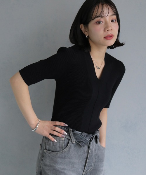 cheriella(シェリエラ)の「【cheriella】 ベーシックサマーニット1(Tシャツ/カットソー・レディース・チャコールグレー/アイボリー/ブラック/ブルーグリーン/ブラウン・M)」の8枚目の写真