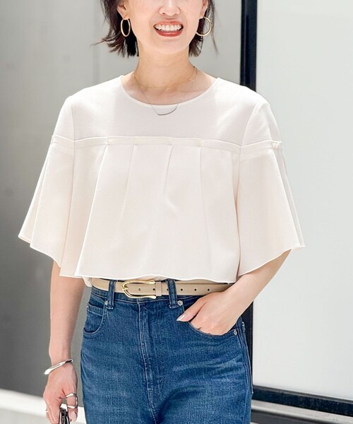 NOLLEY’S（ノーリーズ）の「《セットアップ対応》麻調フレアスリーブブラウス（シャツ/ブラウス・レディース・キナリ/ネイビー/ライトグレー・36/38）」の2枚目の写真