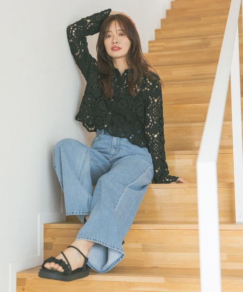 mysty woman（ミスティウーマン）の「クロシェシャツカーデ  493904（カーディガン/ボレロ・レディース・ブラック/アイボリー・FREE）」の7枚目の写真