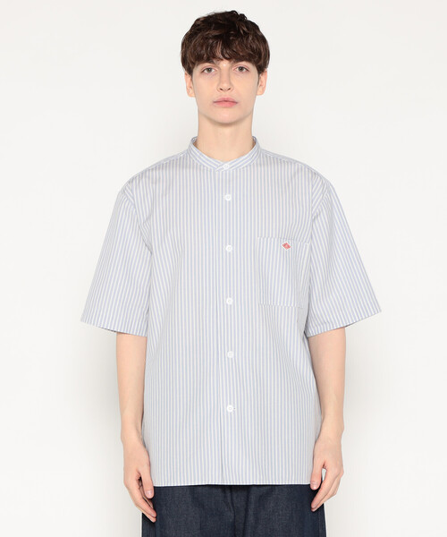 MEN'S COTTON LINEN SHORT SLEEVE BAND COLLAR SHIRT STRIPE