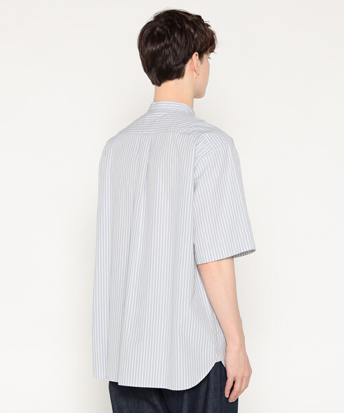 MEN'S COTTON LINEN SHORT SLEEVE BAND COLLAR SHIRT STRIPE