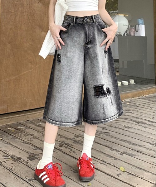 CANVAS+(キャンバスプラス)の「【CANVAS+】ダメージルーズストリートハーフパンツ(デニムパンツ・レディース・ブラック・LL/L/M/S)」の13枚目の写真