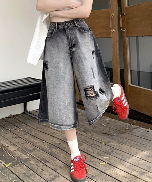 CANVAS+(キャンバスプラス)の「【CANVAS+】ダメージルーズストリートハーフパンツ(デニムパンツ・レディース・ブラック・LL/L/M/S)」の21枚目の写真