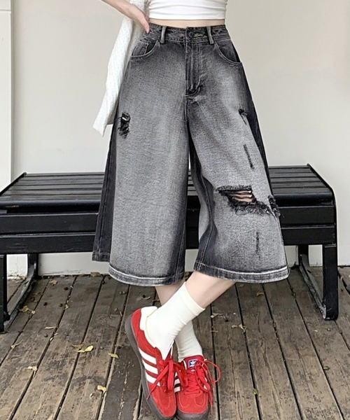 CANVAS+(キャンバスプラス)の「【CANVAS+】ダメージルーズストリートハーフパンツ(デニムパンツ・レディース・ブラック・LL/L/M/S)」の22枚目の写真