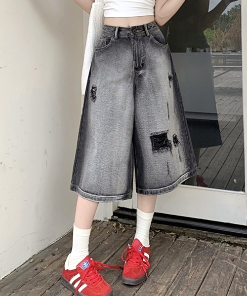 CANVAS+(キャンバスプラス)の「【CANVAS+】ダメージルーズストリートハーフパンツ(デニムパンツ・レディース・ブラック・LL/L/M/S)」の2枚目の写真