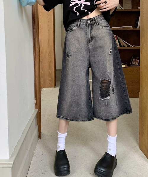CANVAS+(キャンバスプラス)の「【CANVAS+】ダメージルーズストリートハーフパンツ(デニムパンツ・レディース・ブラック・LL/L/M/S)」の15枚目の写真