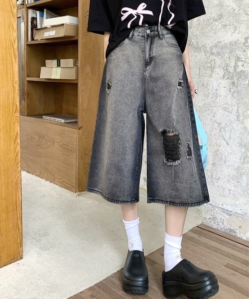 CANVAS+(キャンバスプラス)の「【CANVAS+】ダメージルーズストリートハーフパンツ(デニムパンツ・レディース・ブラック・LL/L/M/S)」の16枚目の写真