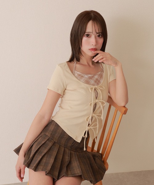 M DOLLY(エムドリー)の「check inner docking tops/チェックインナードッキングトップス(Tシャツ/カットソー・レディース・アイボリー/ブルーグレー/グレー・FREE)」の1枚目の写真