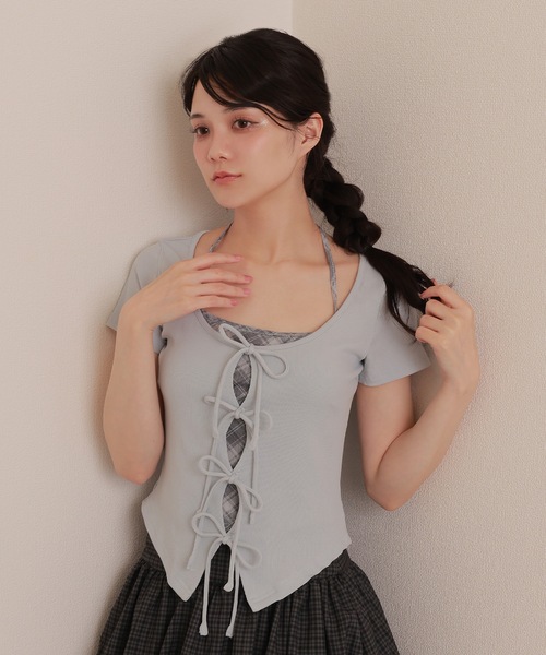 M DOLLY(エムドリー)の「check inner docking tops/チェックインナードッキングトップス(Tシャツ/カットソー・レディース・アイボリー/ブルーグレー/グレー・FREE)」の2枚目の写真