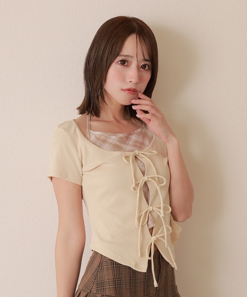 M DOLLY(エムドリー)の「check inner docking tops/チェックインナードッキングトップス(Tシャツ/カットソー・レディース・アイボリー/ブルーグレー/グレー・FREE)」の4枚目の写真