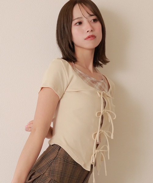M DOLLY(エムドリー)の「check inner docking tops/チェックインナードッキングトップス(Tシャツ/カットソー・レディース・アイボリー/ブルーグレー/グレー・FREE)」の6枚目の写真