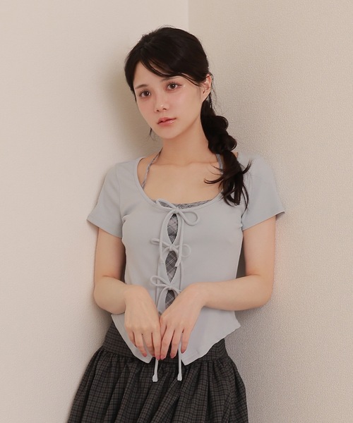 M DOLLY(エムドリー)の「check inner docking tops/チェックインナードッキングトップス(Tシャツ/カットソー・レディース・アイボリー/ブルーグレー/グレー・FREE)」の15枚目の写真