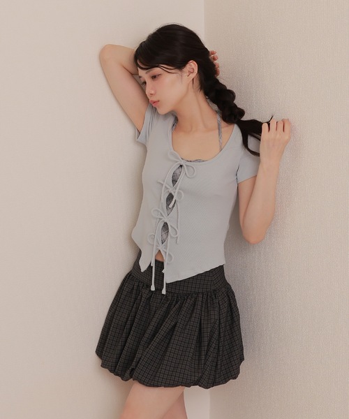M DOLLY(エムドリー)の「check inner docking tops/チェックインナードッキングトップス(Tシャツ/カットソー・レディース・アイボリー/ブルーグレー/グレー・FREE)」の16枚目の写真