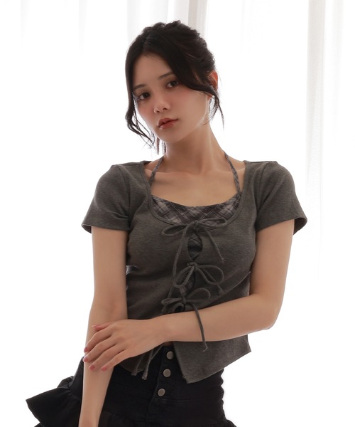 M DOLLY(エムドリー)の「check inner docking tops/チェックインナードッキングトップス(Tシャツ/カットソー・レディース・アイボリー/ブルーグレー/グレー・FREE)」の9枚目の写真