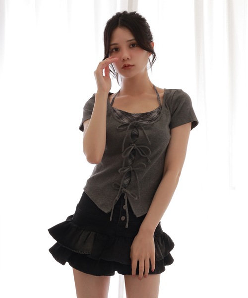 M DOLLY(エムドリー)の「check inner docking tops/チェックインナードッキングトップス(Tシャツ/カットソー・レディース・アイボリー/ブルーグレー/グレー・FREE)」の10枚目の写真