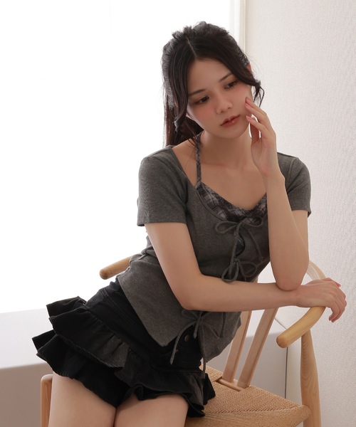 M DOLLY(エムドリー)の「check inner docking tops/チェックインナードッキングトップス(Tシャツ/カットソー・レディース・アイボリー/ブルーグレー/グレー・FREE)」の12枚目の写真