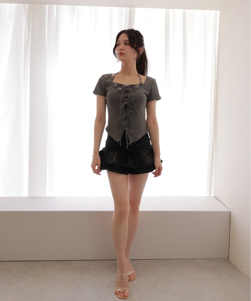 M DOLLY(エムドリー)の「check inner docking tops/チェックインナードッキングトップス(Tシャツ/カットソー・レディース・アイボリー/ブルーグレー/グレー・FREE)」の14枚目の写真