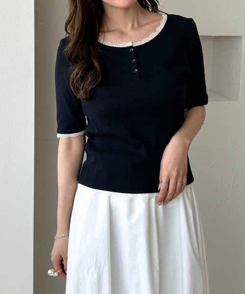 apres jour clair（アプレジュールクレア）の「【apres jour clair】アソートレースヘンリートップス【4周年記念アイテム】（Tシャツ/カットソー・レディース・ネイビー/アイボリー/その他/杢グレー/ホワイト系その他2・X-LARGE/フリー）」の5枚目の写真